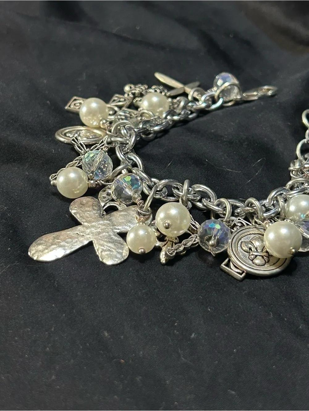 Silver loaded Charm Bracelet with Pearls and Iridescent Beads - Women's Jewelry